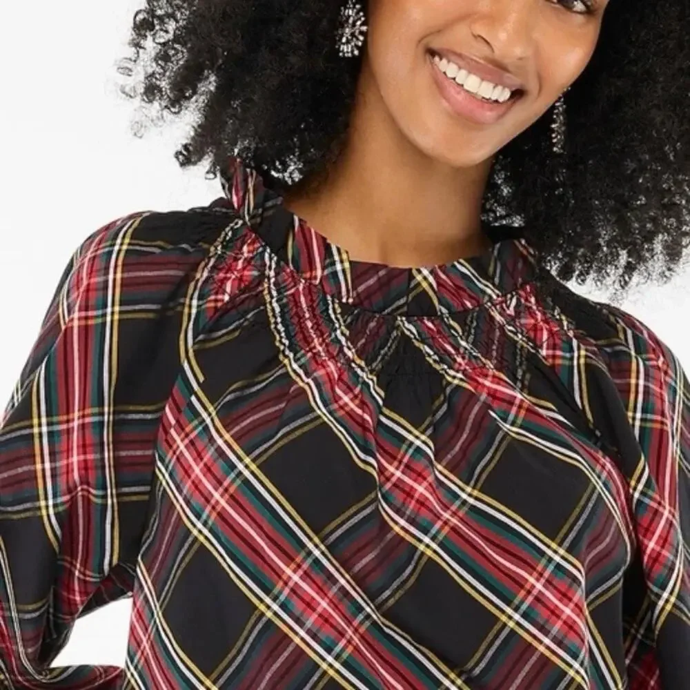 J.Crew Black&Red Holiday Plaid Puff Sleeve Blouse Sz.L NWT